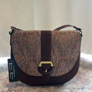 Sharif 1827 Brown Paisley Saddle Shoulder Bag with Gold Accent- NWT